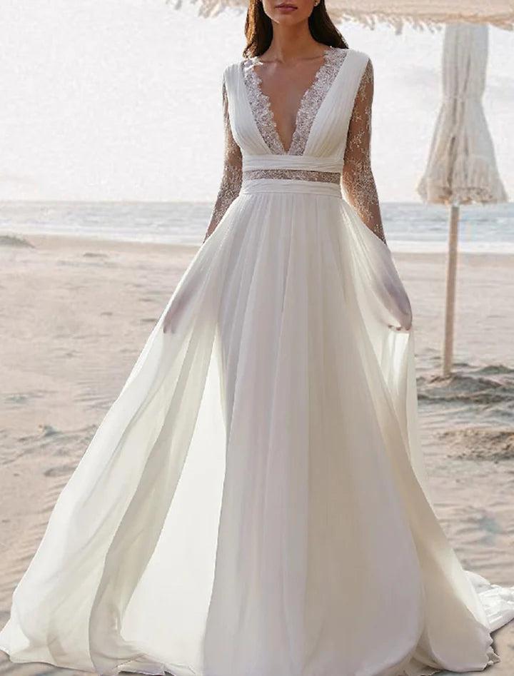 Wholesale A-Line/Princess V-Neck Floor-Length Lace Wedding Dress